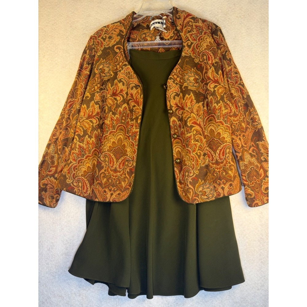 Dana Kay 2 Piece Dress Jacket Set Women 14W Paisley Jacket Green Sleeveless Dres